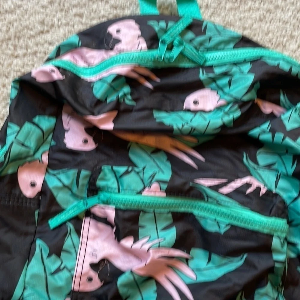 Foldable Black Backpack Flamingos Tropical Leaves Travel Adjustable Strap EUC